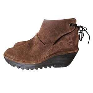 Fly London Brown Wedge Ankle Boots Suede Slip On Size 10 EU 40 Laceup Back